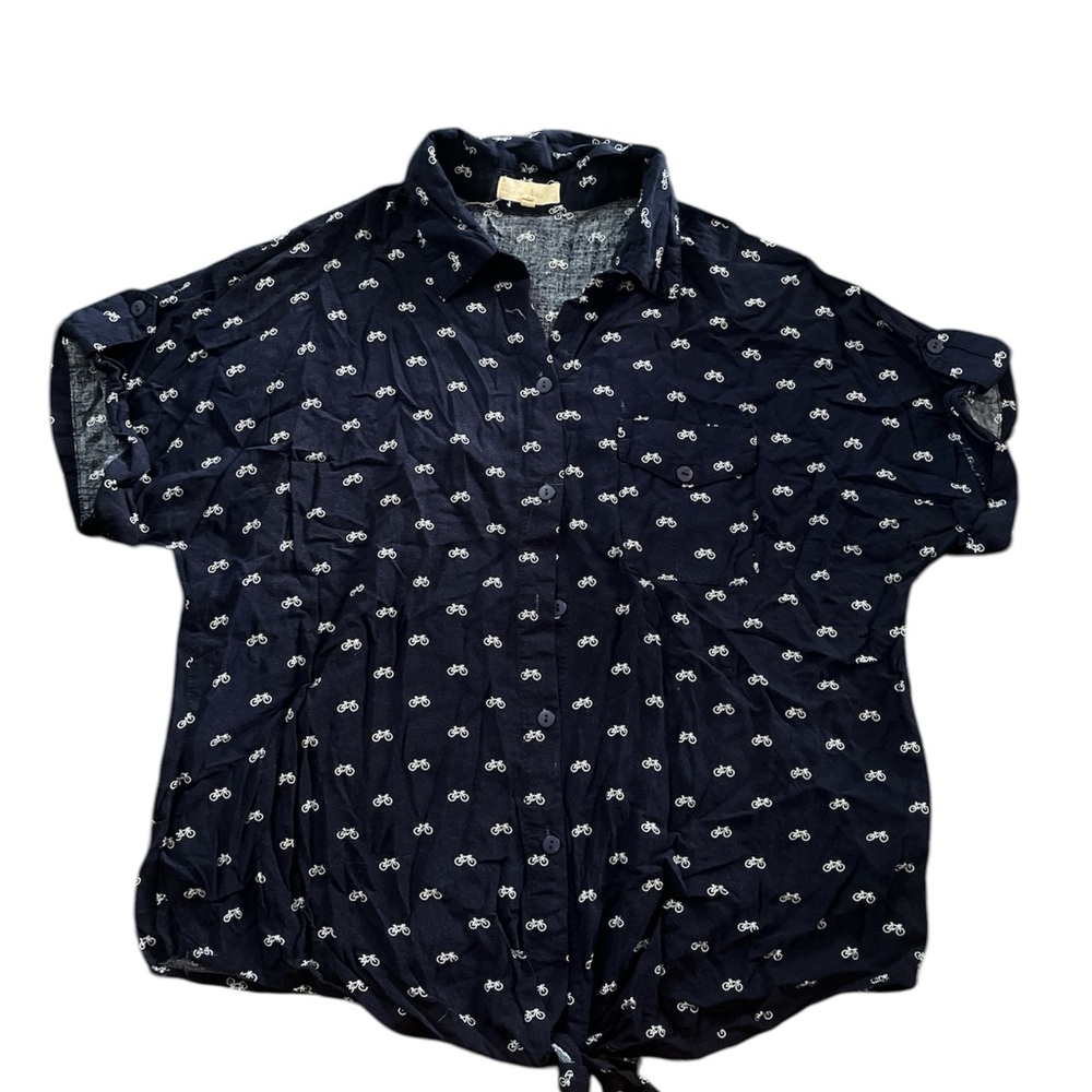 Love Notes Navy Button-Down Tie Front Shirt with White Bicycle Print